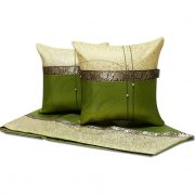 หมอนผ้าแก้วคาดช้างสีเขียวโอลีฟรูปคู่พร้อมผ้าคาดเตียง